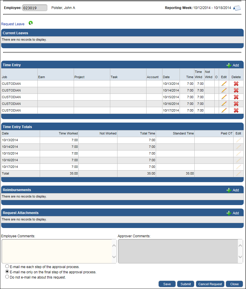 Time Entry Request Page Hours Only